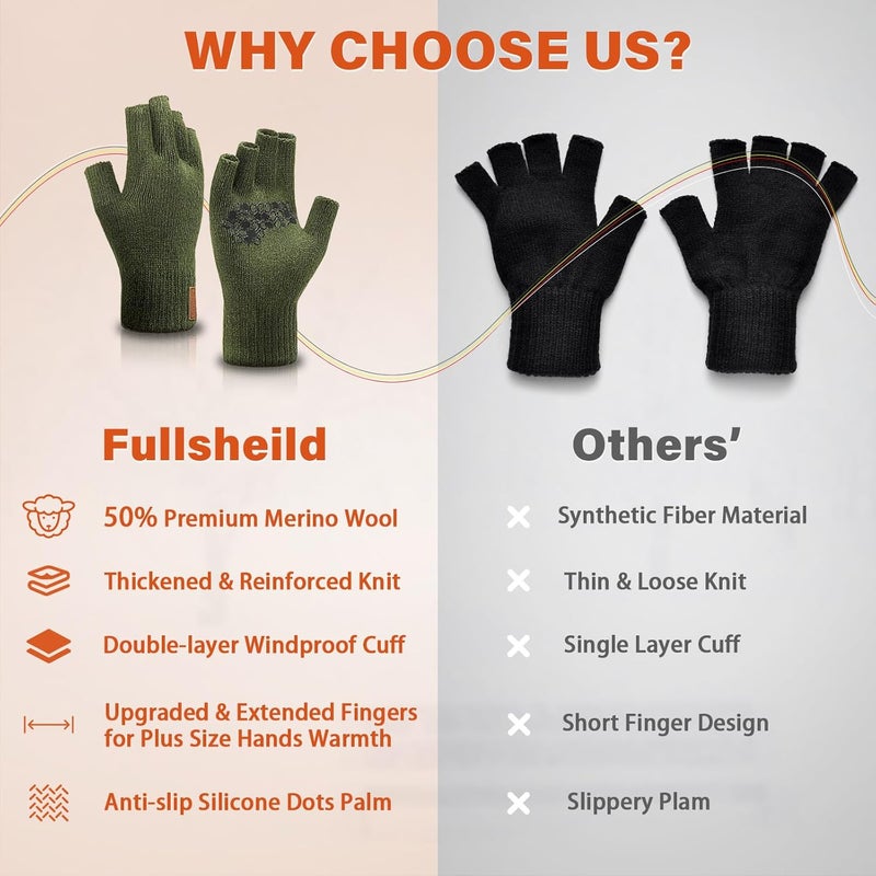 Fullsheild Merino Wool Fingerless Gloves Half Finger Wool Gloves for Men Women Winter Unisex Knit Fingerless Mittens - Image 5